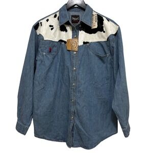 Vintage Dakota Blue Western Denim Shirt NEW Cow Print M Rodeo Cowgirl Country